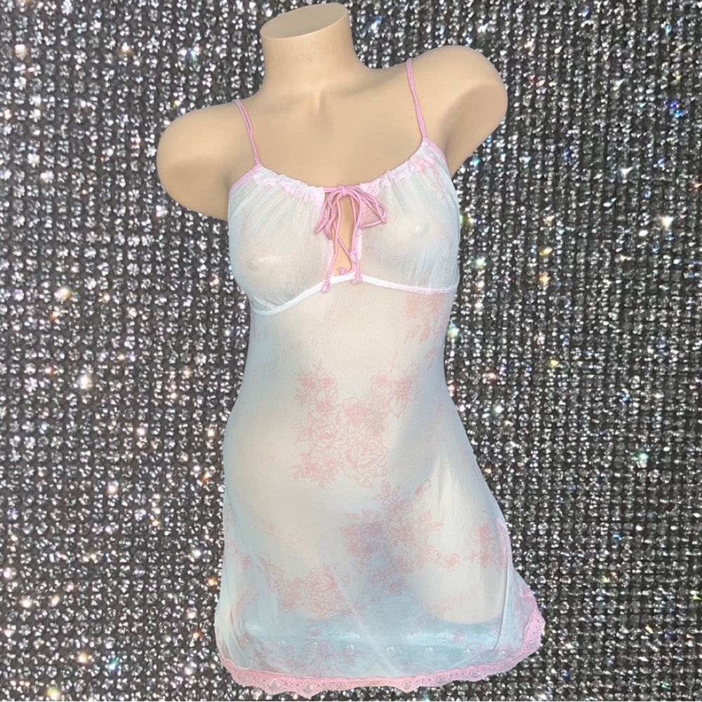 Nightgown dress mesh pink floral frilly lace bottom tie up milkmaid y2k 90s - Picture 3 of 5
